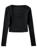 Wenkouban-Women Cotton Ribbed Square Neck Crop Top With Long Sleeve