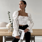 Wenkouban-back to school nye outfits Fashion Flower Printed Sexy Women Camis Slash Neck Long Sleeves T-Shirts Regular Casual Streetwear Slim Fit Crop Tops Strap Tees