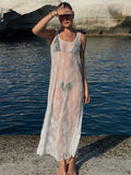 Wenkouban Lace Printed See-Through Long Dress Female Cover up Patchwork Hollow Out Summer 2025 Beach Holiday Clothes Women's Dress