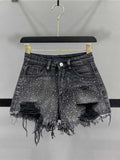 Wenkouban-y2k outfits Valentine's Day gift American Style Rhinestone Denim Shorts Women Summer High Waist Hole Raw Edge Hot Pants Sexy Slim All-matched Short Jeans