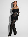 Wenkouban Lace See Through Long Sleeve Sexy Jumpsuit Women Fashion Lace Off-shoulder Bodycon High Waist Club Party Jumpsuits-Christmas Outfit