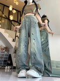 Wenkouban-y2k outfits Valentine's Day gift Oversized Splash-ink Print Wide Leg Denim Pants Women Spring Autumn High Waist Straight Loose Jeans American Retro Blue Jeans