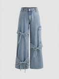 Wenkouban Bowknot Pocket Wide Leg Jeans Women Y2k Low Rise Sweet Casual Denim Trousers Coquette Baggy Cargo Jeans Gyaru Streetwear