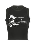 Wenkouban-Guitar Print Sleeveless Tank Top Y2K Casual Ribbed Women Grunge Crop Top Harajuku Fashion Vest Tee 90s Street Outfits