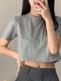 Wenkouban-T-shirt Women Cropped Solid Sexy Minimalist Hot Sale Slim Casual Fashion Preppy Chic Basic Tops Korean Style Streetwear Popular