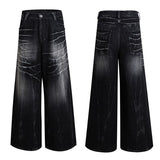 Wenkouban-Y2K Fashion Streetwear Distressed Lightning Pattern Wide Leg Jeans Men Retro Wash Hip Hop Loose Casual High Waist Straight Jeans