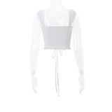 Wenkouban-y2k outfits retro design Fairycore Kawaii Lace Trim Front Tie Up T-shirt French Romatic Square Neck Crop Tops Chic Women Slim Fitted Tees Y2K Streetwear