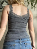 Wenkouban-Gray tank top with lace trim- Streetwear y2k outfits Fall Outfits Christmas Thanksgiving Gift New Year's Eve