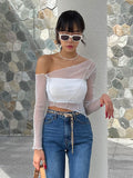 Wenkouban-Solid Color Sparkly Hollow Mesh Slant Shoulder Irregular Collar Sexy Women Crop Top