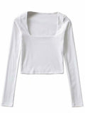 Wenkouban-Women Cotton Ribbed Square Neck Crop Top With Long Sleeve