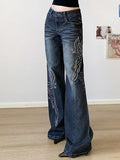 Wenkouban-y2k Outfits christmas outfit Embroidered Rhinestone Washed Low-Rise Flared Jeans