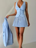 Wenkouban Fashion Skirt Two Piece Sets Women V Neck Single-breasted Vest Tops And Pleated Mini Skirt Sexy Two Piece Sets Clothes-Christmas Outfit