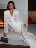 Wenkouban White Lace Two Piece Sets Women Deep V Neck Long Sleeve Tops And Long Pants Ladies See Through Loose Trousers Sets-Christmas Outfit