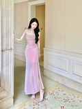 Wenkouban-2025 dress to impress party dress nye outfits Luxury Suspender Evening Dress Shiny Pink Slit Party Dress YM1700