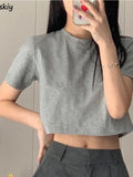 Wenkouban-T-shirt Women Cropped Solid Sexy Minimalist Hot Sale Slim Casual Fashion Preppy Chic Basic Tops Korean Style Streetwear Popular