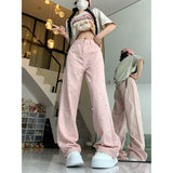 Wenkouban-y2k outfits Valentine's Day gift Trendy Pearl Beading Pink Jeans for Women Spring  Autumn High Waist Wide Leg Denim Pants Female Straight Loose Jeans Streetwear