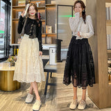 Wenkouban-swaggy outfits back to school outfits Spring Summer Vestido Floral Embroidery Lace Skirt Women Korean Fashion Cute Fairy High Waist A-Line Midi Long Skirts Ladies