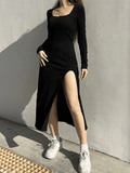 Wenkouban-nye outfits Slit Velvet Long Sleeve Black Maxi Dress 2025 fashion trends y2k style party club outfits