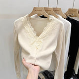 Wenkouban-y2k outfits Valentine's Day gift Lace V-neck Base Shirts Sweater for Women Spring Autumn Sweet Long Sleeve Knitted Cardigans Tops Female Short Knit Sweaters