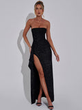 Wenkouban Sparkle Off-shoulder Sexy Maxi Dress For Women Strapless Backless Sleeveless Thigh High Slit Evening Long Dress Elegant-Christmas Outfit