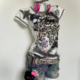 Wenkouban-American Punk Skull Letter Print T-Shirt Women Y2K Millennium Street Hottie Leopard Flocking Sexy Slim Harajuku Casual Top