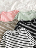 Wenkouban-Harajuku Short Sleeve Korean O-Neck Casual Fashion Shirt Camiseta Feminina Tops T Shirt Women Solid Color Striped Punk T-shirt