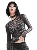 Wenkouban-Gothic Punk Shirt 2000s Women Skeleton Pattern Round Neck Long Sleeve Crop Top Black Dark Academia Clothes y2k Tees Streetwear