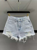 Wenkouban-y2k outfits Valentine's Day gift American Style Rhinestone Denim Shorts Women Summer High Waist Hole Raw Edge Hot Pants Sexy Slim All-matched Short Jeans