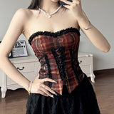 Wenkouban-y2k outfits retro design Coquette Plaid Print Tube Top Backless Bandeau Vest with Lace Trim Zipper Closure Women Streetwear Aesthetic Teen Girl Clothes