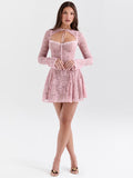 Wenkouban Lace Flare Long Sleeve Sexy Mini Dress For Women Robe Autumn New Pink O Neck A-line High Waist Pleated Dress Elegant-Christmas Outfit