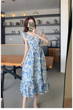 Wenkouban-2025 dress to impress party dress nye outfits Women's summer blue oil painting floral dress YM1159