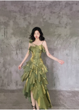 Wenkouban-2025 dress to impress party dress nye outfits Irregular Ruffled Suspender Prom Dress Green Long Birthday Dress YM1628