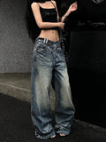 Wenkouban-American Retro Hottie Distressed Wash Jeans Y2K Streetwear Hip Hop Loose Casual Harajuku Fashion Street Straight Wide Leg Jeans