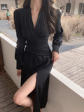 Wenkouban-2025 dress to impress party dress nye outfits New women's black v-neck long dress  YM914