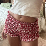 Wenkouban-y2k outfits retro design 90s Vintage Cottage Plaid Shorts Elastic Slim Fit Bloomers Pants Women Kawaii Loungewear Fairy Retro Y2K Cute Knickers Bottom