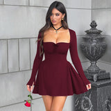 Wenkouban-back to school outfit nye outfit  Red Long Sleeve Evening Party Dress Women Robes Square Collar Elegant Sexy Dress Bodycon Mini Summer Dress Vestidos