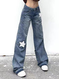 Wenkouban Vintage Y2k Women Cargo Jeans Low Waist 2000s Star Aesthetic Denim Trousers Grunge Streetwear Gyaru Harajuku Retro Jeans