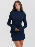 Wenkouban Dark Blue Two Pocket Sexy Mini Dress For Women 2023 Autumn Winter New Long Sleeve Bodycon Club Party Dress Elegant-Christmas Outfit