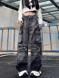 Wenkouban-Y2K High Street Retro Gray Washed Pocket Cargo Jeans Winter Street Hip-hop Hot Girl Heavy Industry Loose Casual Wide Leg Jeans