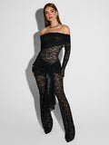 Wenkouban Lace See Through Long Sleeve Sexy Jumpsuit Women Fashion Lace Off-shoulder Bodycon High Waist Club Party Jumpsuits-Christmas Outfit