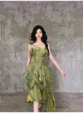 Wenkouban-2025 dress to impress party dress nye outfits Irregular Ruffled Suspender Prom Dress Green Long Birthday Dress YM1628