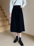 Wenkouban-swaggy outfits back to school outfits Qiukichonson Midi Long Skirt Womens Corduroy Skirt Autumn Winter Goth Casual High Waisted Pockets Design Pleated Suit Skirts