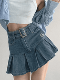 Wenkouban-nye outfits Buckle Belt Pleated Denim Mini Skirt 2025 fashion trends y2k style party club outfits