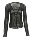 Wenkouban-Sexy Lace Up V Neck Long Sleeve Black T Shirts for Women Female Club Wear Mesh Blouses See Through Crop Tops