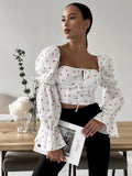 Wenkouban-back to school nye outfits Fashion Flower Printed Sexy Women Camis Slash Neck Long Sleeves T-Shirts Regular Casual Streetwear Slim Fit Crop Tops Strap Tees