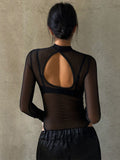 Wenkouban-See Through Bodysuit Backless Hollow Out Transparent Club Jumpsuits Women Solid Black Tee Summer Elegant Sexy Streetwear