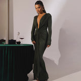 Wenkouban Autumn Maxi Evening Dress Sexy Green Plung V Neck Dress Long Sleeve Glitter Ruched Wedding Guest Party Dresses Women-nye outfits