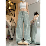 Wenkouban-y2k outfits Valentine's Day gift Women Pearl Jeans Fashion Beading Light Blue Trousers Streetwear Female High Waist Straight Loose Wide Leg Denim Pants