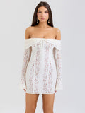 Wenkouban Off-shoulder Lace Sexy Mini Dress For Women White Strapless Long Sleeve Backless Bodycon Club Party Sexy Dress Elegant-Christmas Outfit