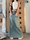 Wenkouban-swaggy outfits back to school outfits Denim Womens Long Skirts Vintage England Style High Waist Pencil Skirt Ladies Front Pockets Deisgn A-Line Jeans Skinny Skirt